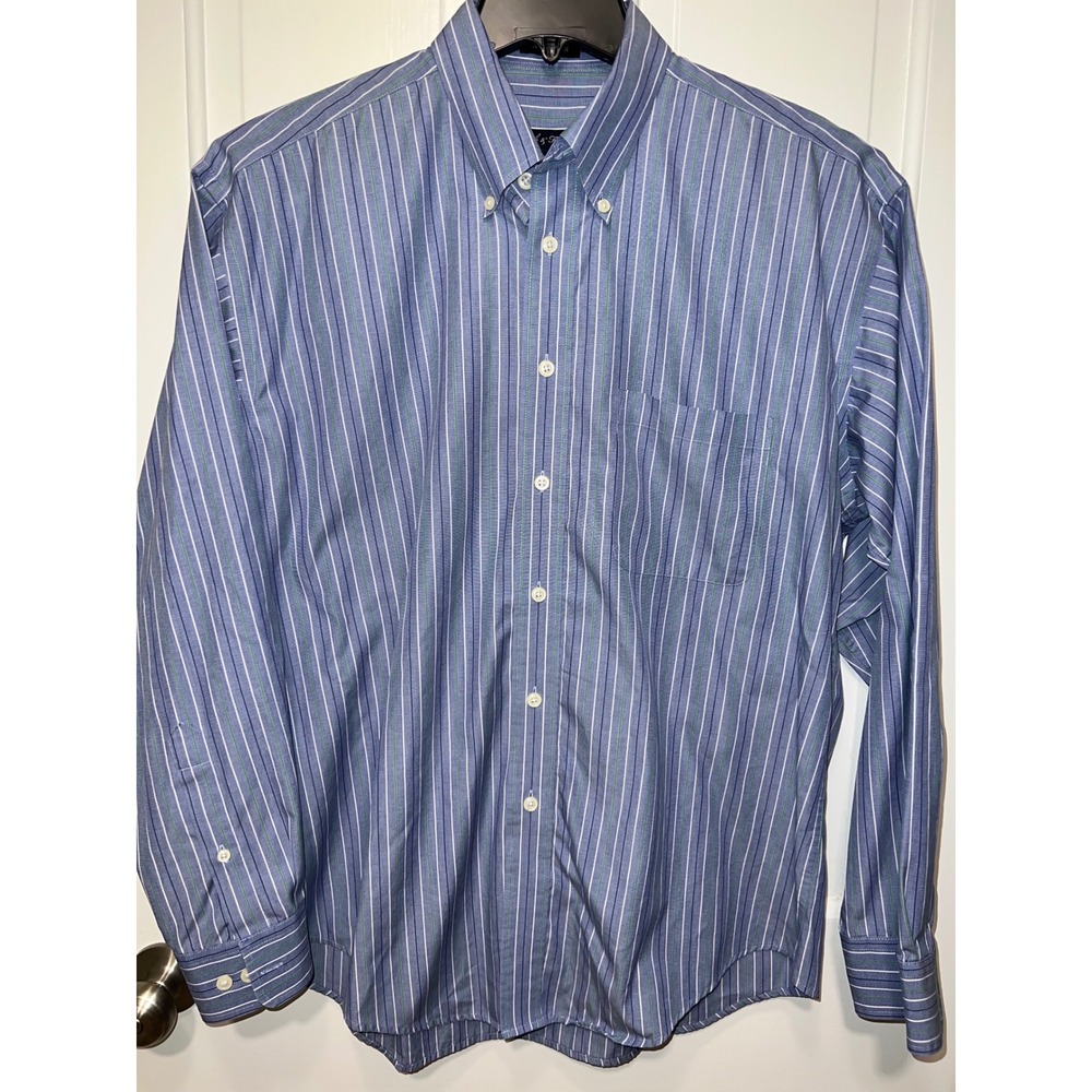 Joseph & Feiss Men Large Blue Green Striped Button Down Shirt Cotton Long Sleeve